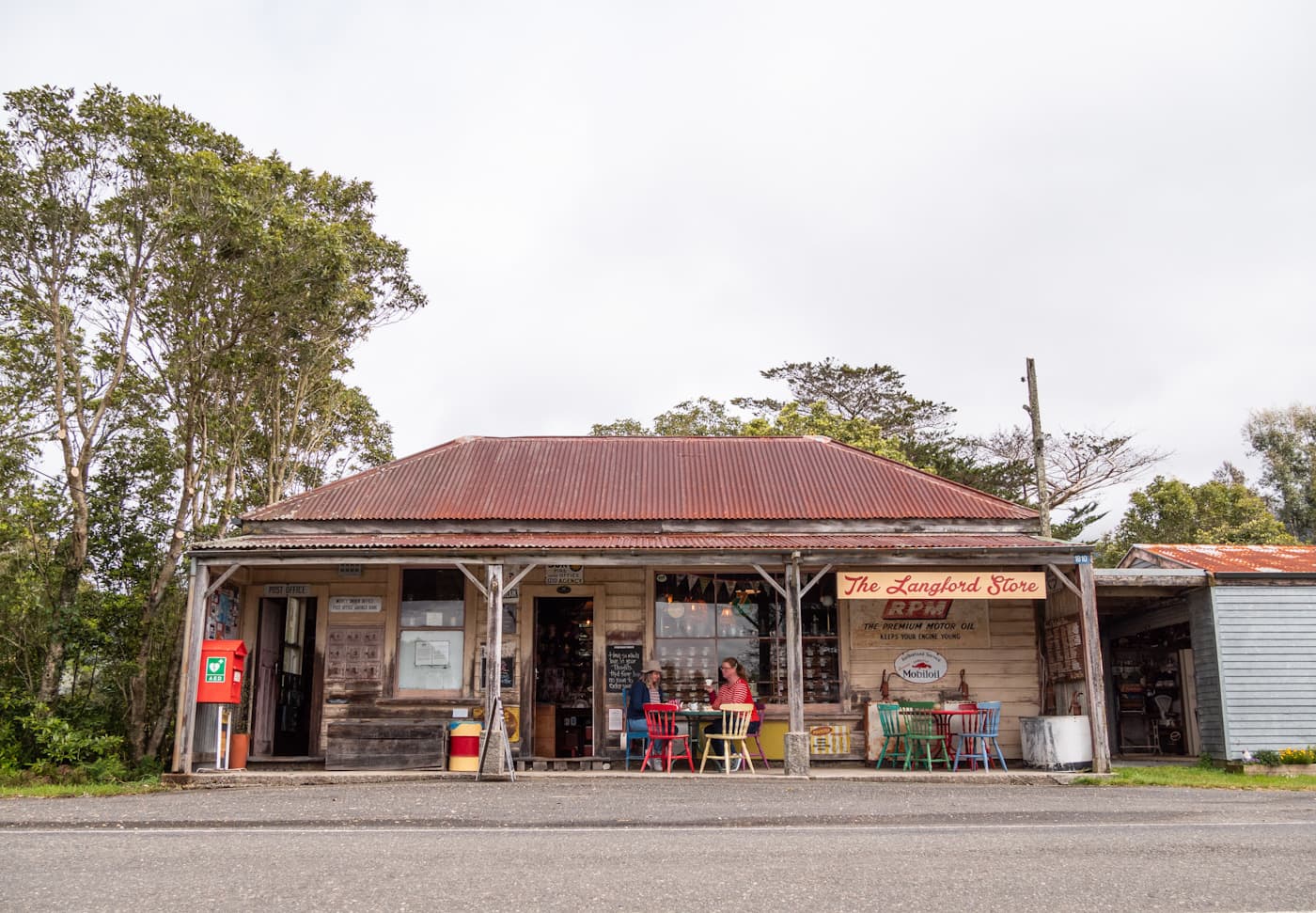 Historic buildings and coastal landscape in Golden Bay, New Zealand