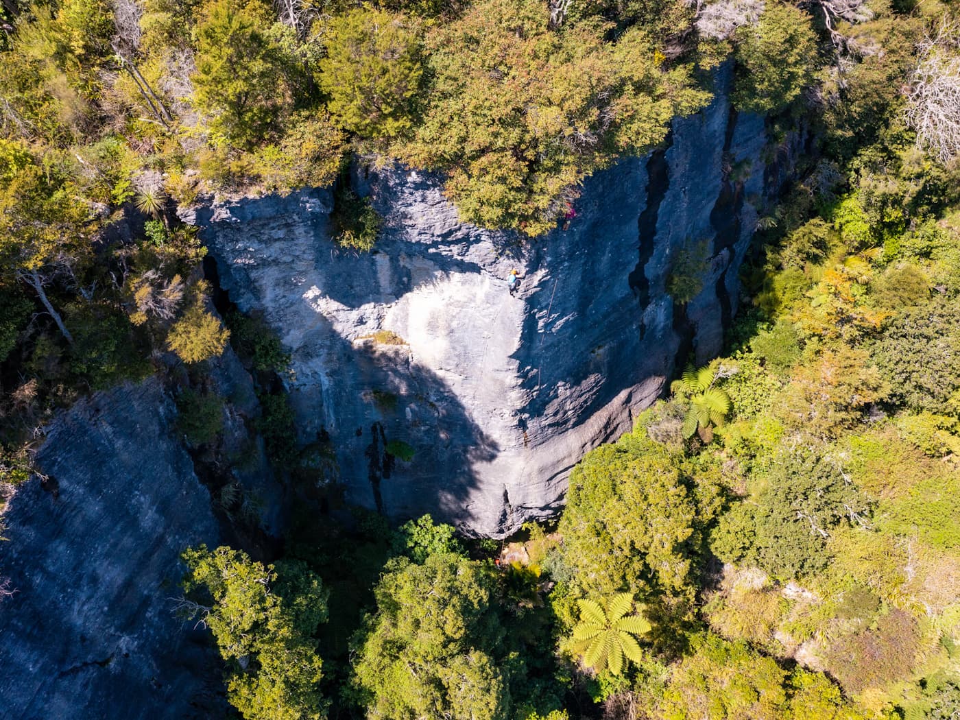 Climber on a via ferrata route on Takaka Hill with wide views over hills and valleys in New Zealand